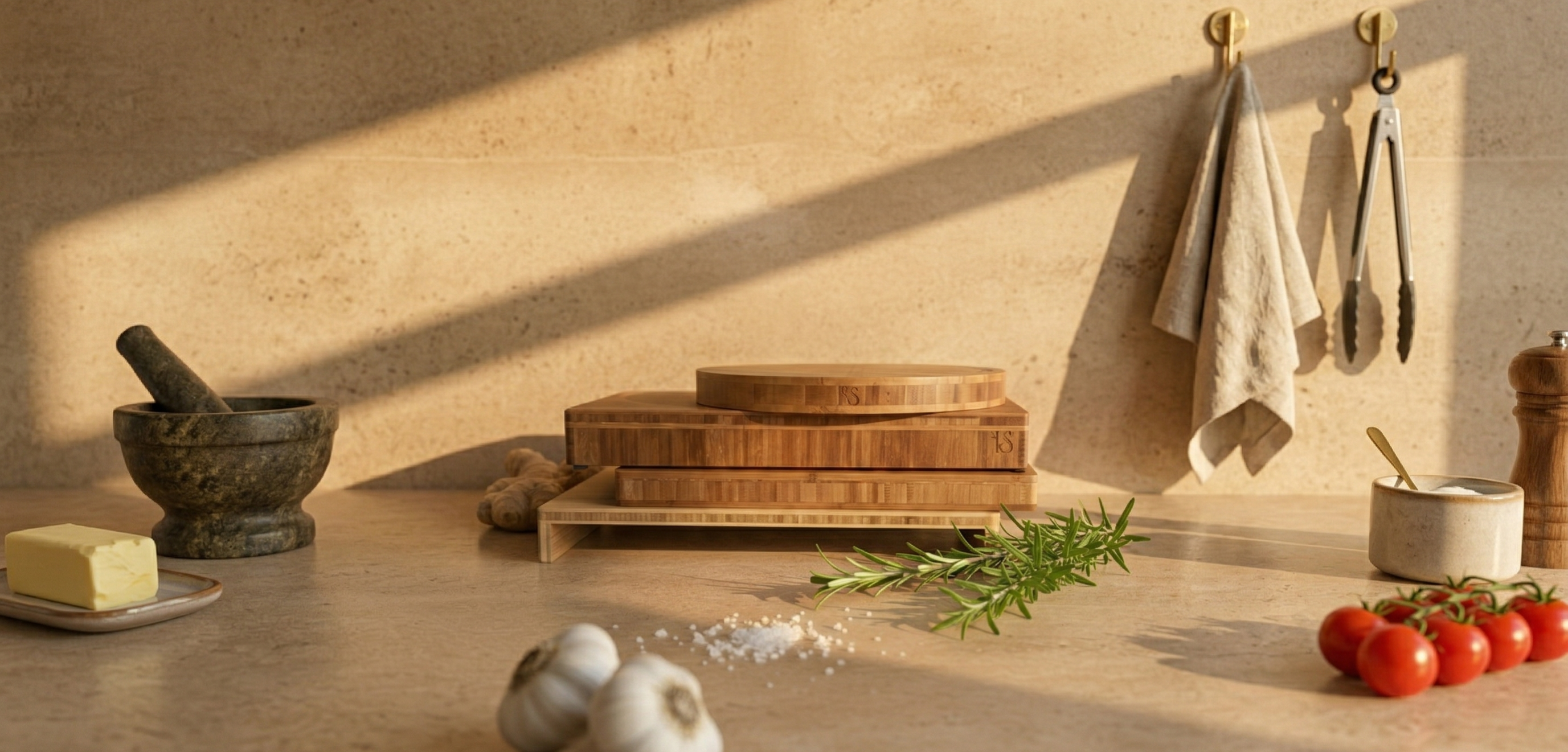 Wooden kitchen counter with bamboo serving blocks, ingredients, and a towel.