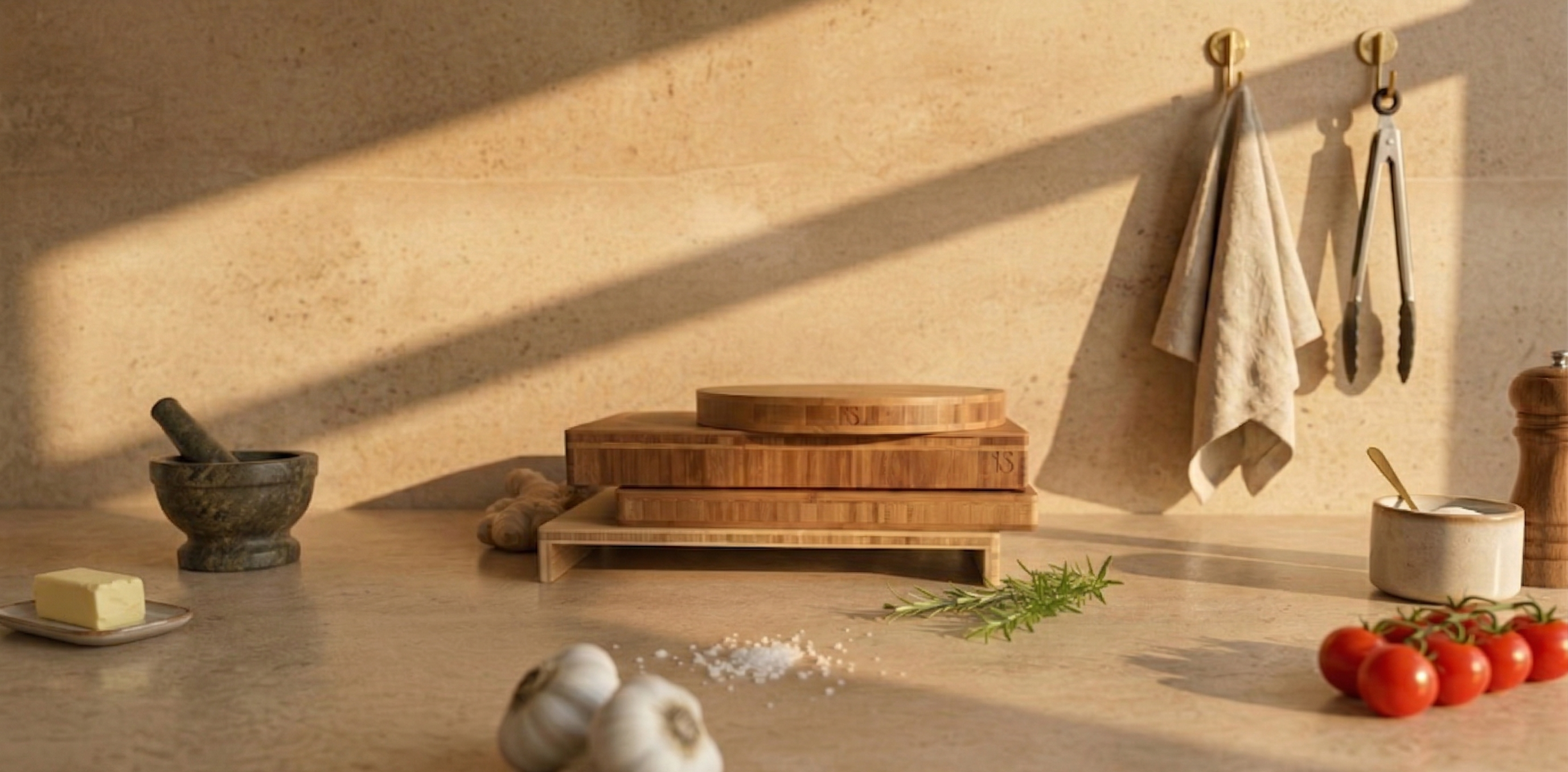 Wooden kitchen counter with bamboo serving blocks, ingredients, and a towel.