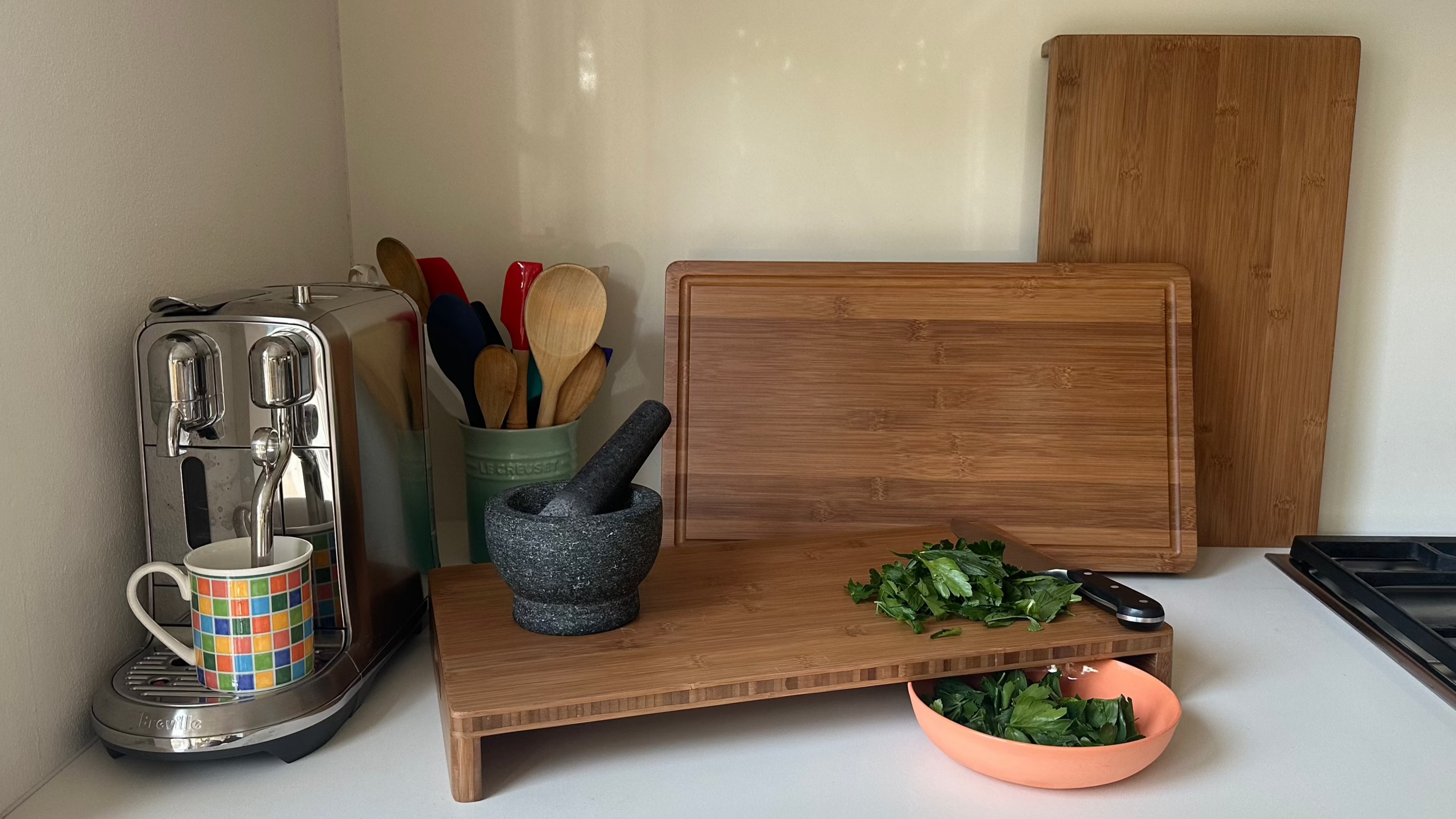 bamboo chopping boards in beautiful clean kitchen setting